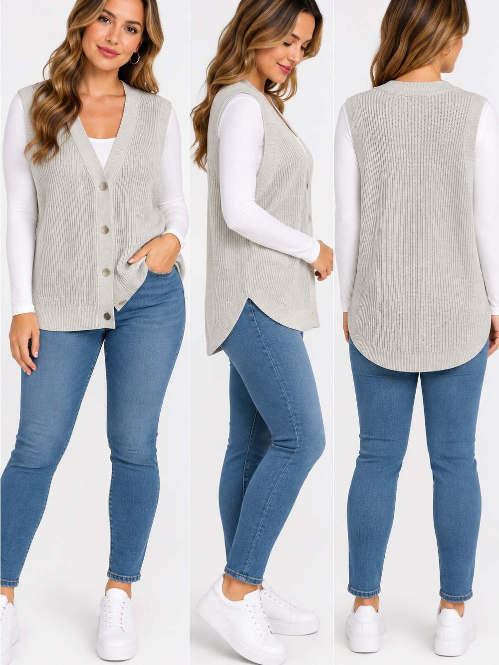 Ava & Viv 2X Cream Ribbed Knit Button Front Sweater Vest Plus Size